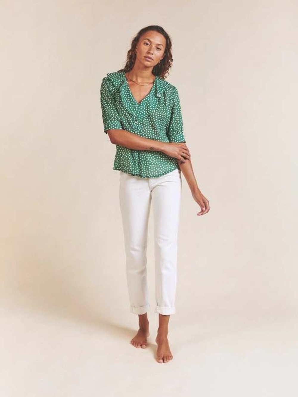Trovata Faye Short Sleeve Ruffled V Neck Blouse In Lawn Dot S NWT - Picture 3 of 11